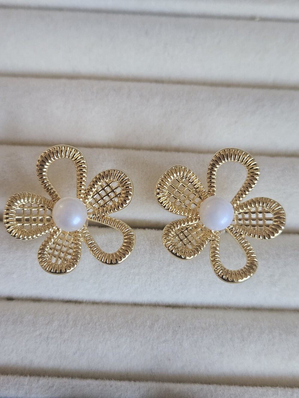 Gold Plated Flower Freshwater Pearl Center Stud Earrings